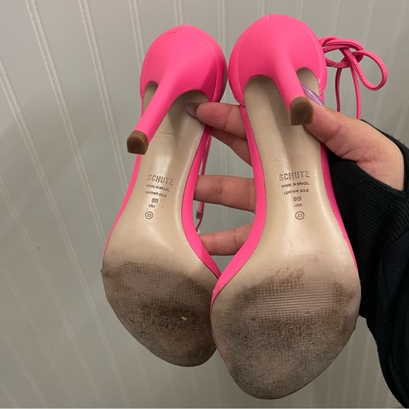SCHUTZ Josseana Neon Pink Tie Ankle High Heel Sandal Sz 9B - Picture 6 of 11